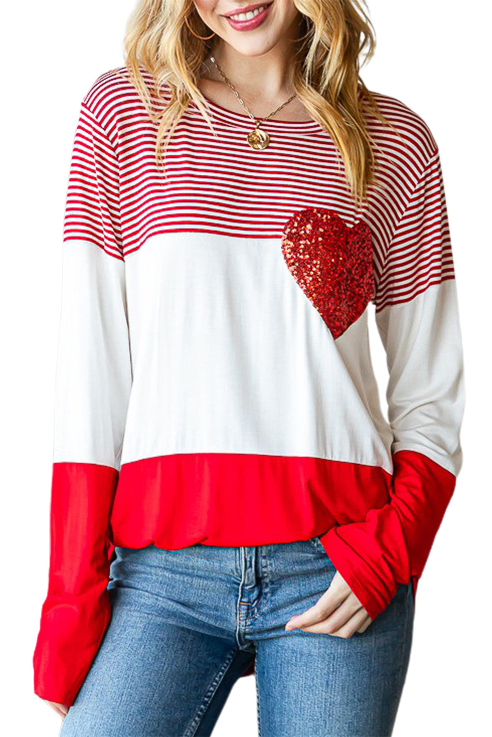 Red Striped Valentines Day Sequin Heart Long Sleeve Top