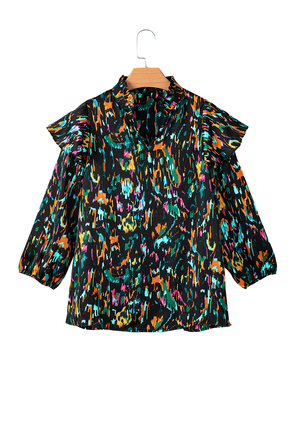 Multicolor Abstract Print 3/4 Puff Sleeve Ruffle Blouse