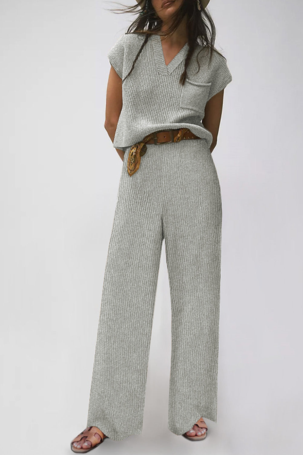 Gray Knitted V Neck and Casual Pants Set