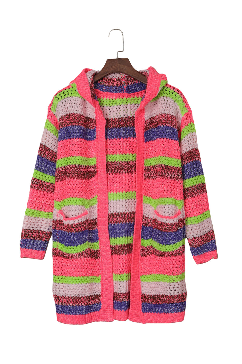 Rose Striped Print Open Front Knit Hooded Cardigan