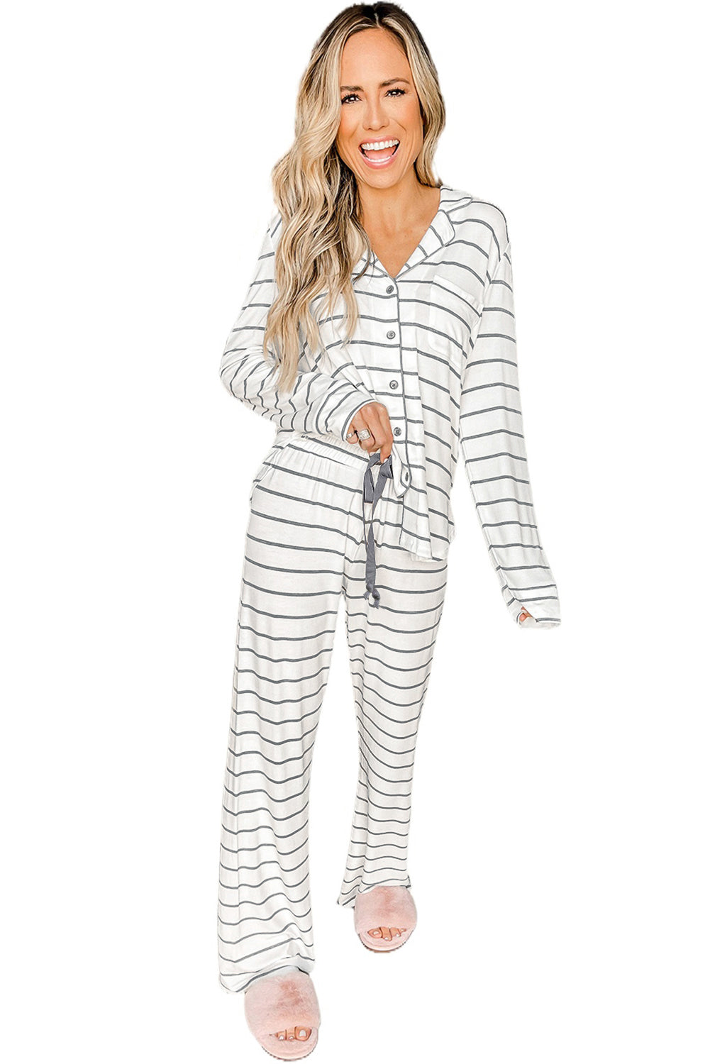 Striped Print Long Sleeve Pajamas Set