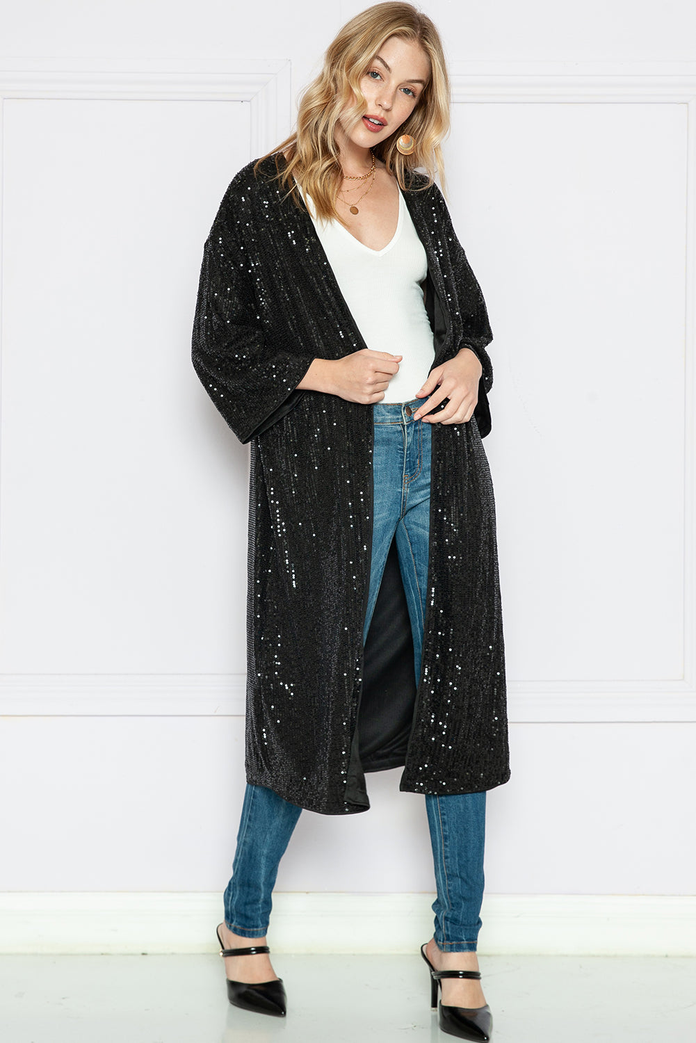 Apricot Sequin 3/4 Sleeve Open Front Duster