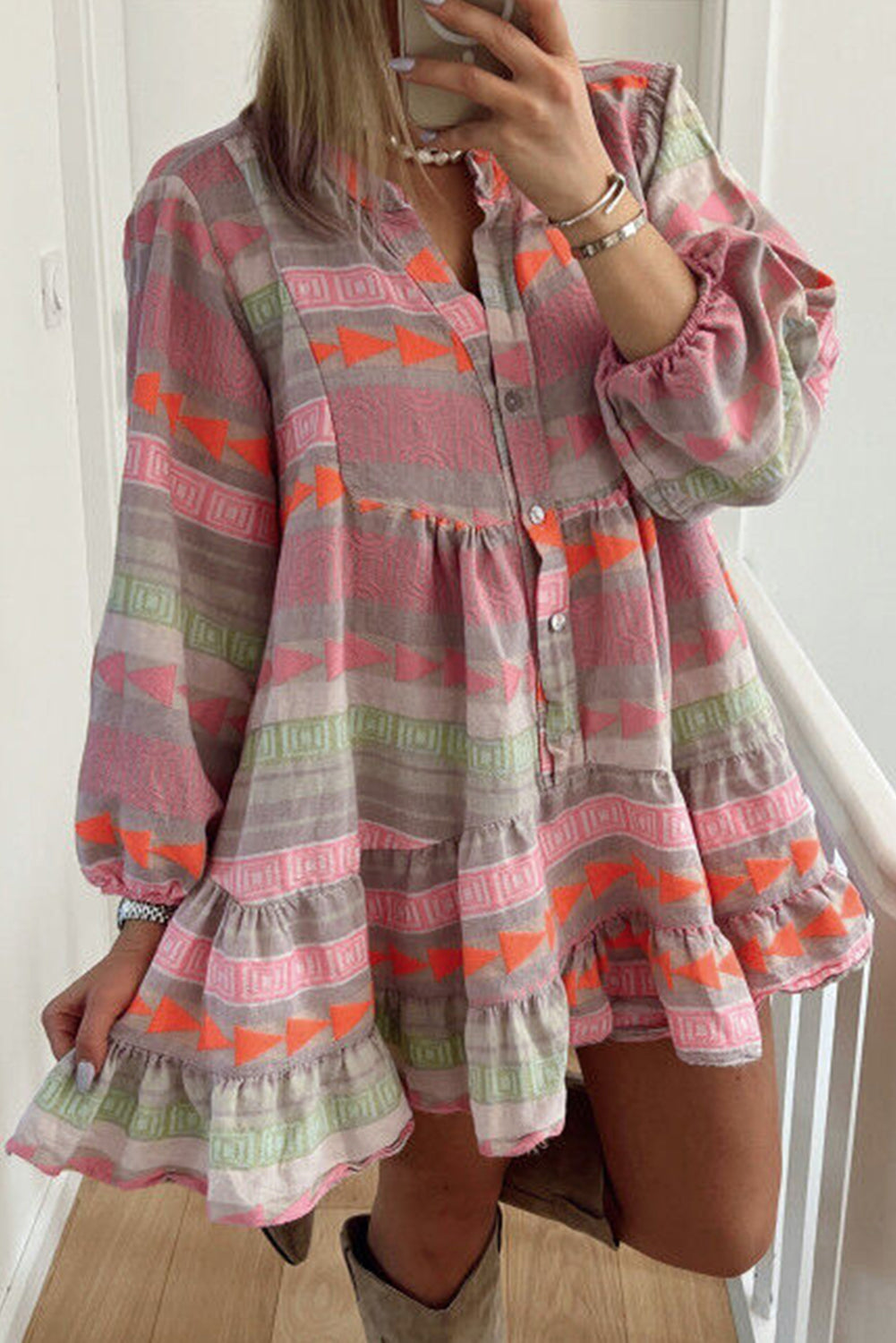 Multicolor Geometric Pattern Ruffle Mini Dress