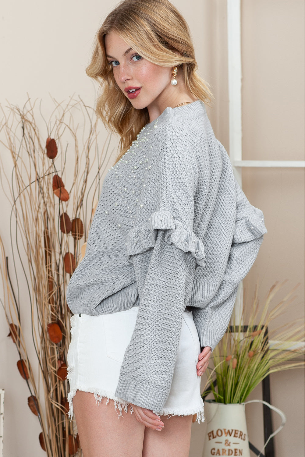 Grey Pearls Embellished Ruffle Trim Pullover Cropped Sweater