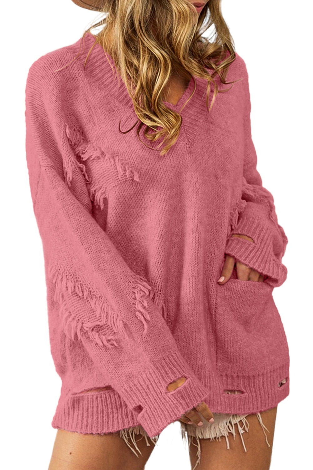 Pink Ripped Pocketed Patchwork Loose Fit Sweater