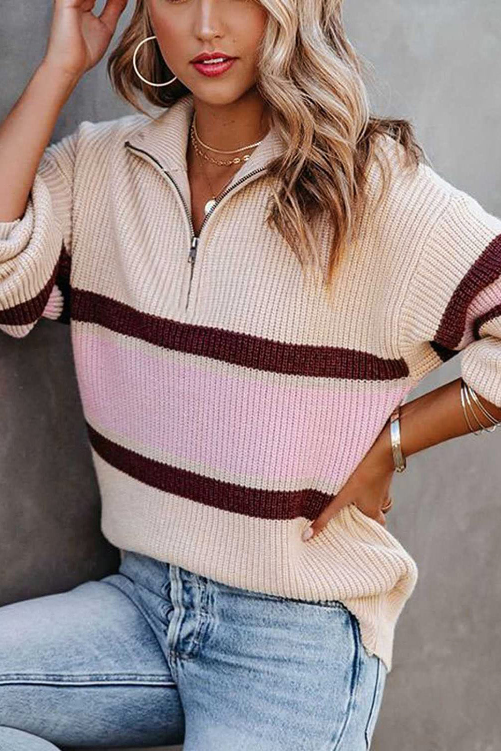 Apricot Stripes Print Quarter Zip Collared Knit Sweater