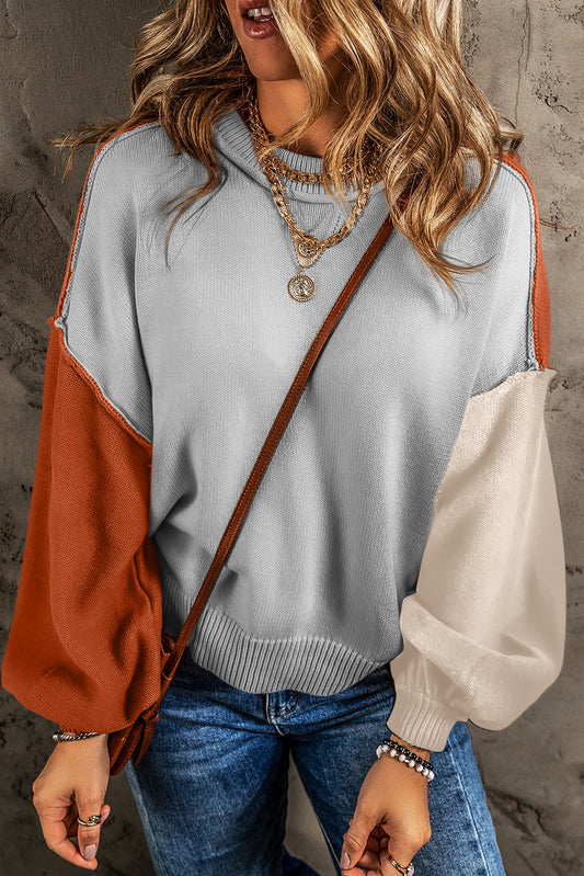 Gray Colorblock Bishop Sleeve Exposed Seam Ribbed Sweater