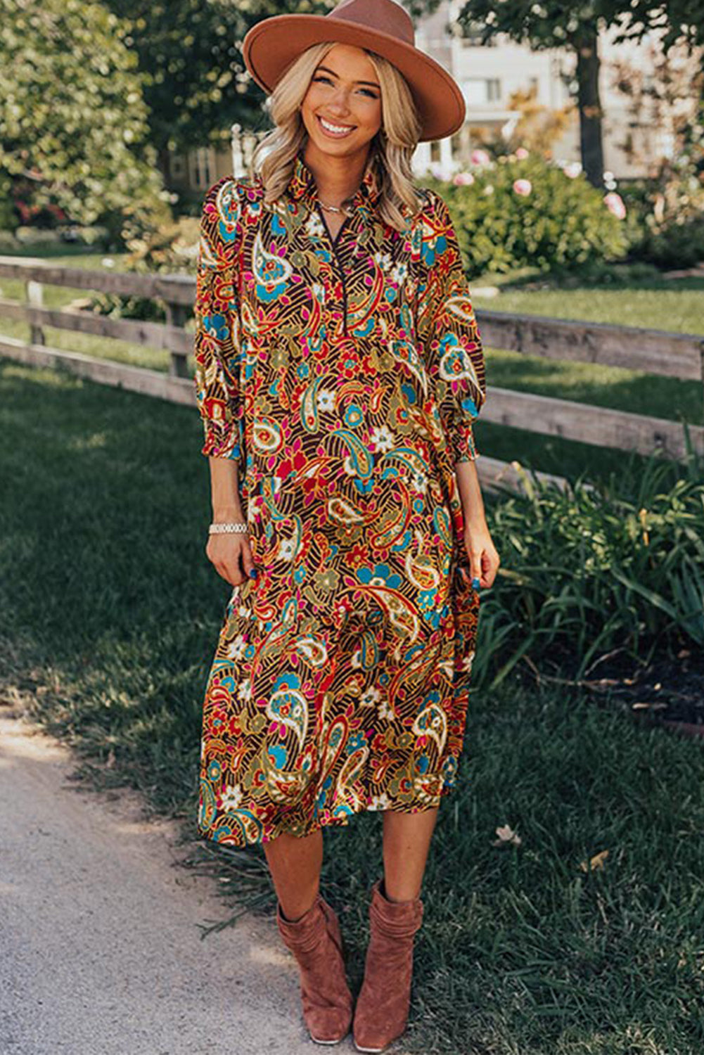 Yellow Paisley Abstract Print Collared 3/4 Sleeve Midi Dress