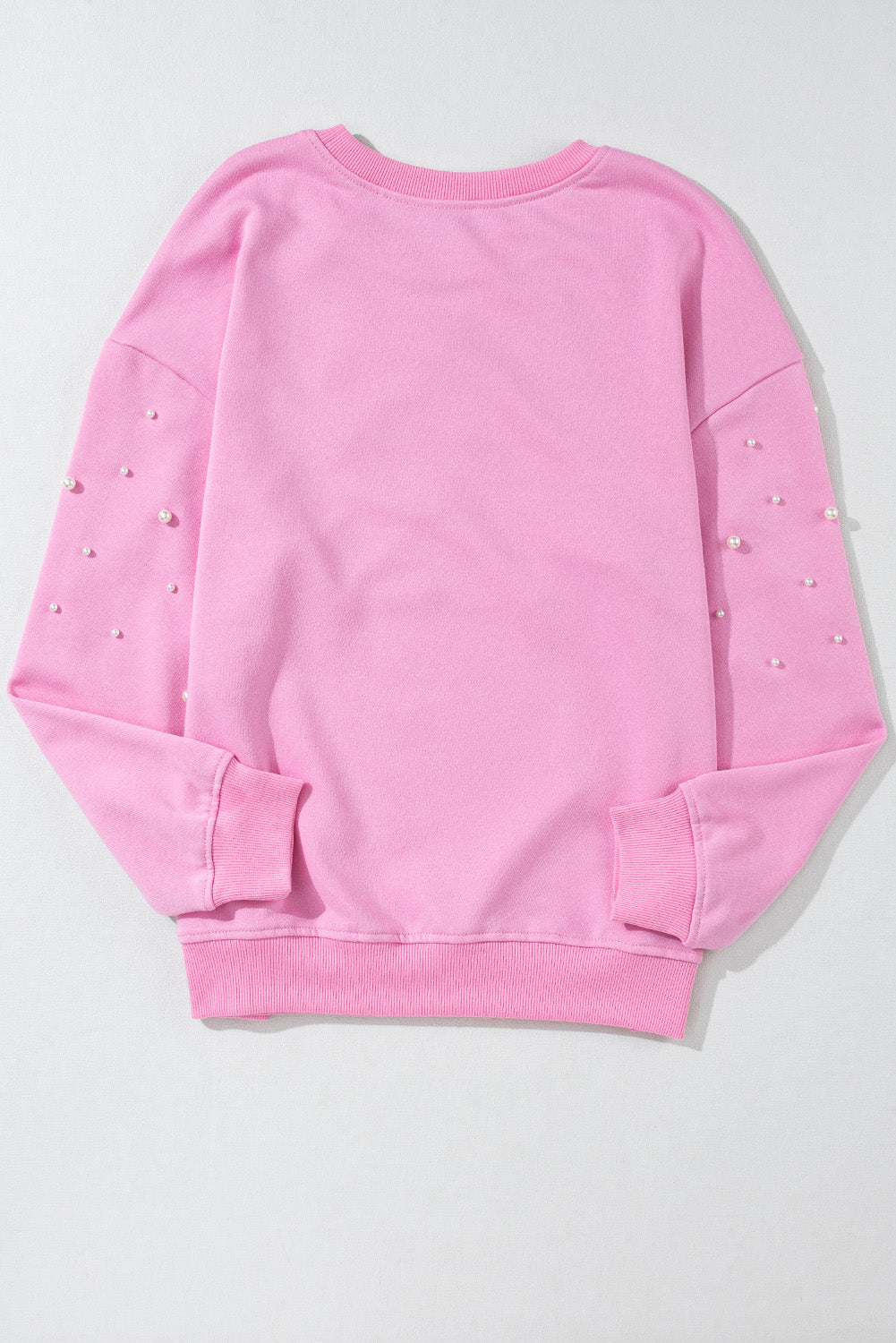 Pink Pearl Decor Ribbed Contrast Round Neck Sweatshirt