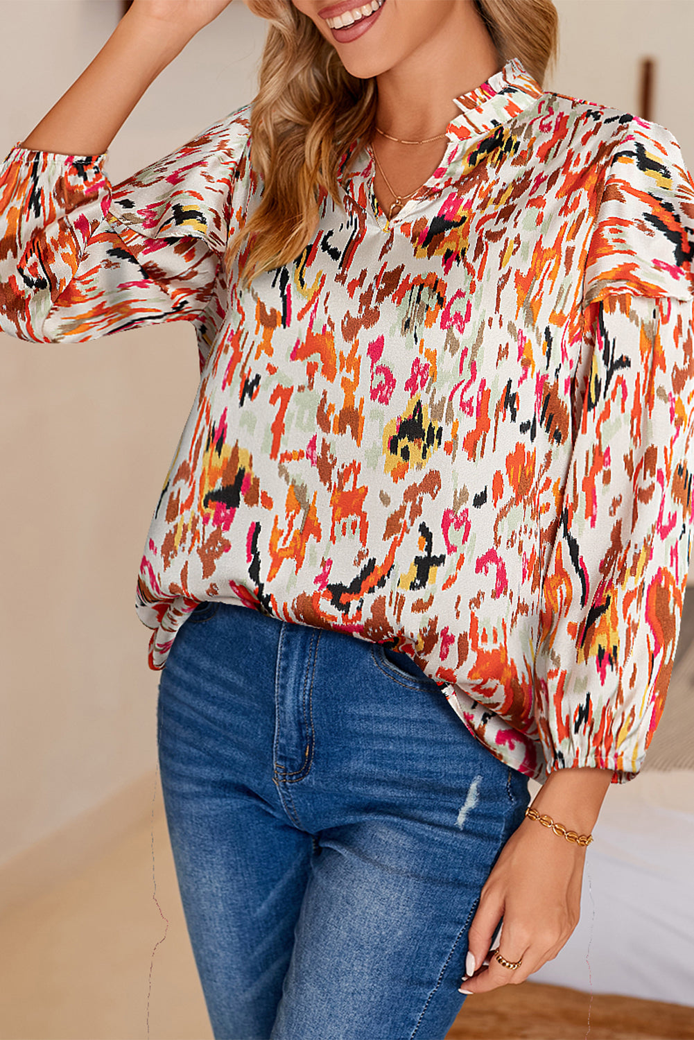 Multicolor Abstract Print 3/4 Puff Sleeve Ruffle Blouse