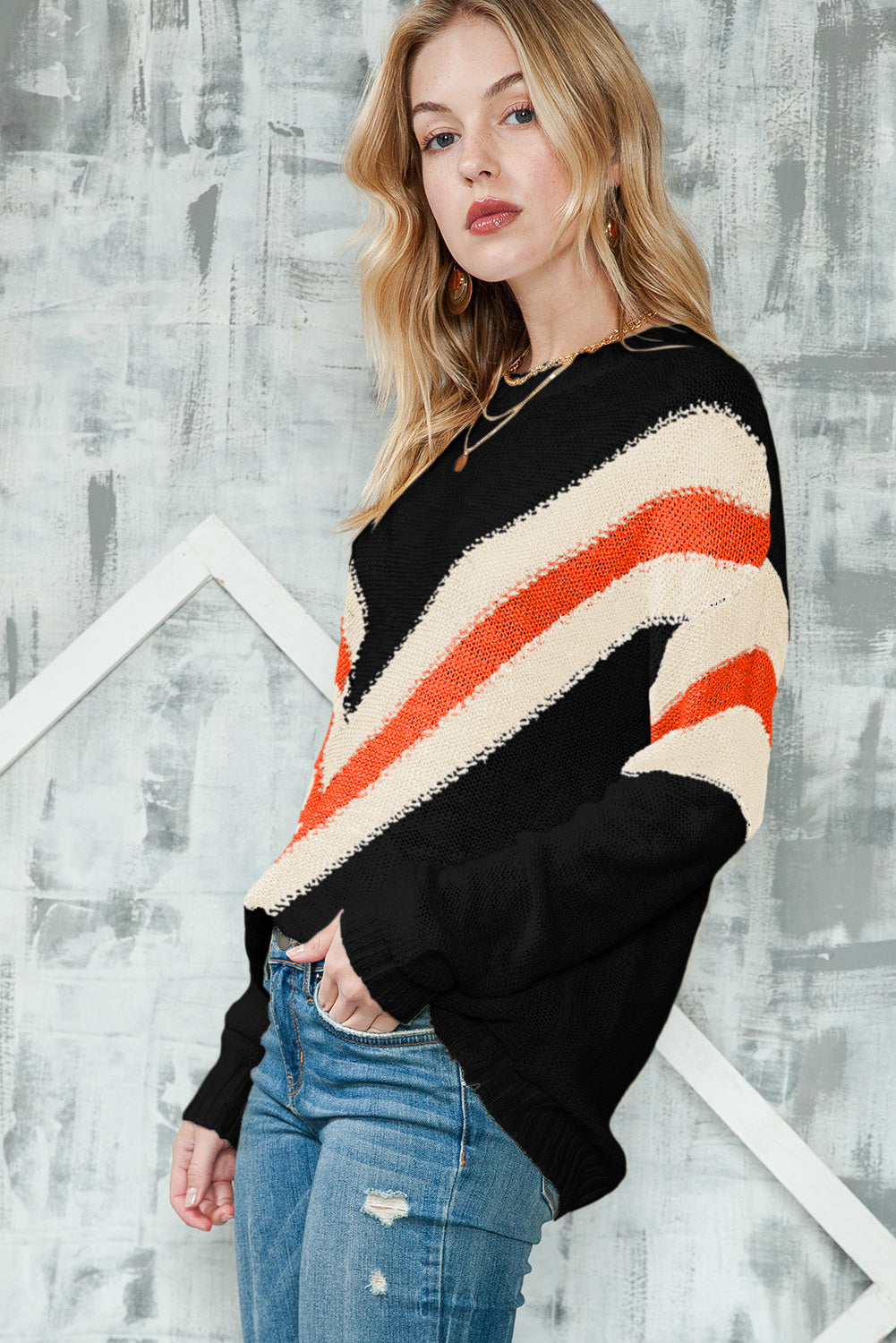 Black Chevron Casual Drop Shoulder Knit Sweater