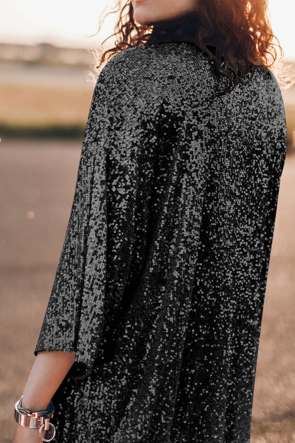 Apricot Sequin 3/4 Sleeve Open Front Duster