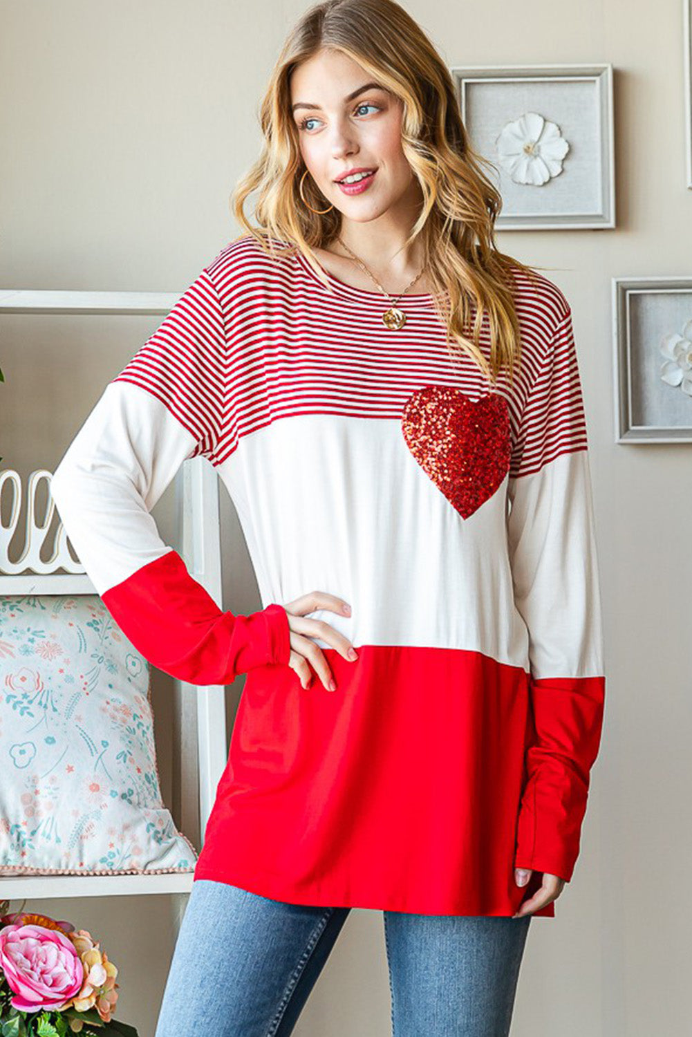 Red Striped Valentines Day Sequin Heart Long Sleeve Top