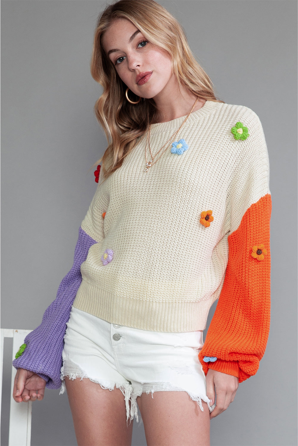 Multicolor Patchwork Floral Applique Knitted Sweater