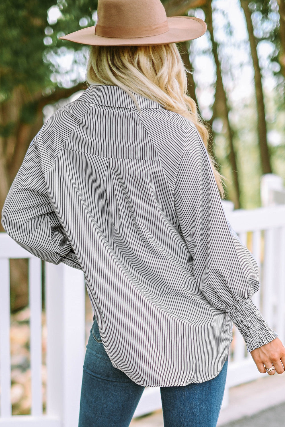 Smocked Cuffed Striped Boyfriend Shirt with Pocket