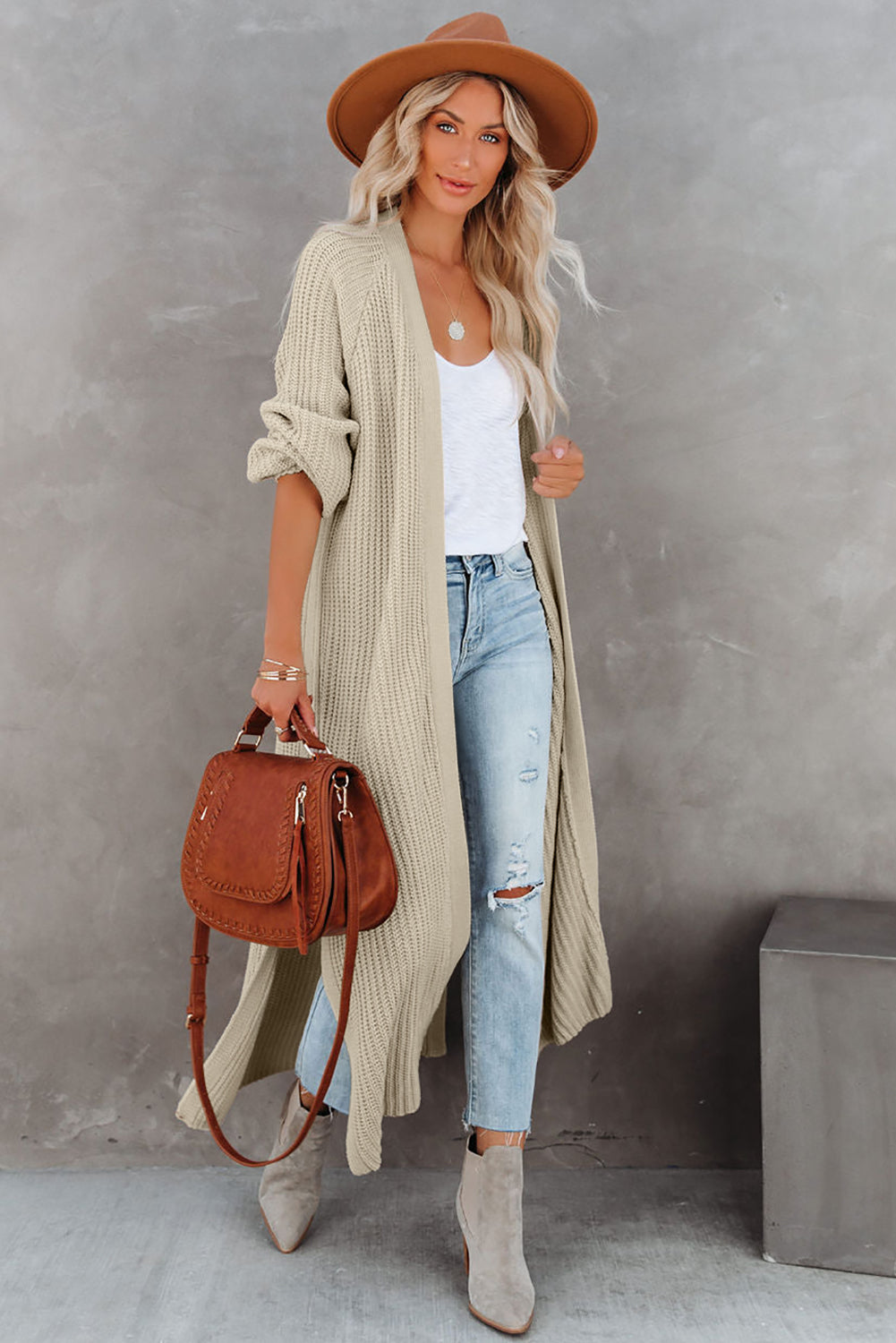 Beige Cable Knit Side Slits Open Front Duster