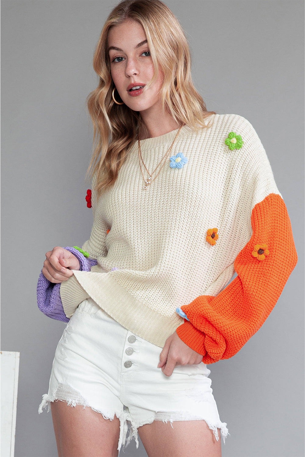 Multicolor Patchwork Floral Applique Knitted Sweater