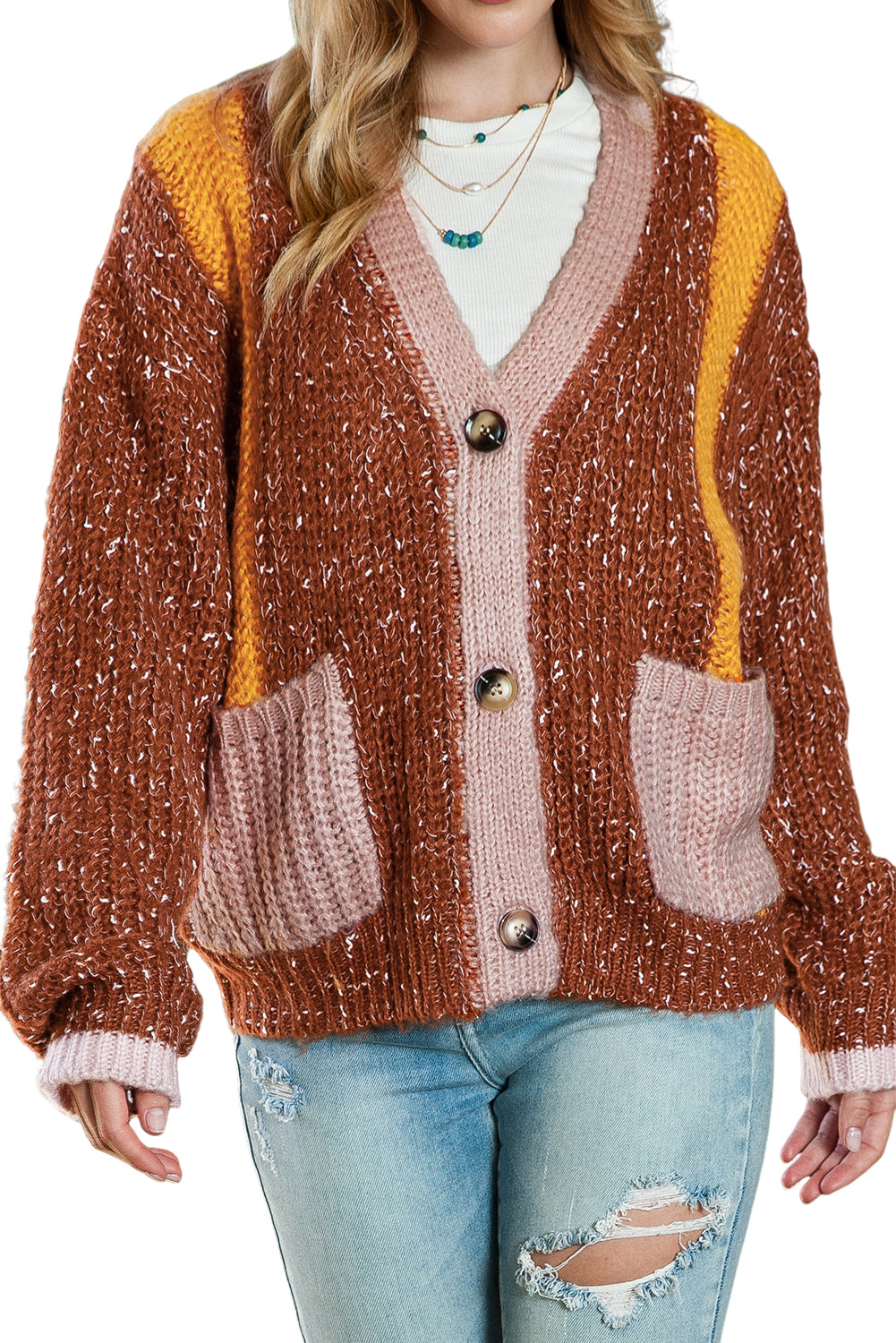 Brown Color Block Button Front Knitted Cardigan