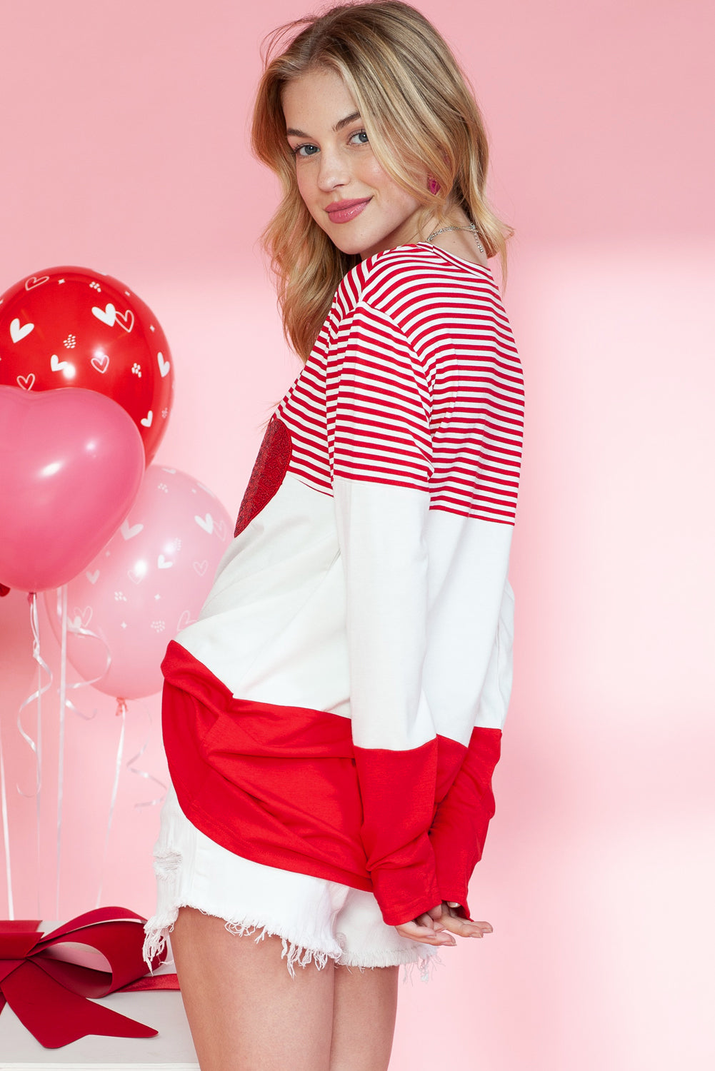 Red Striped Valentines Day Sequin Heart Long Sleeve Top