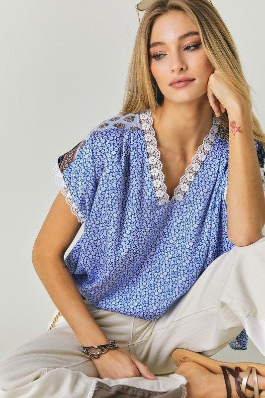 Blue Printed Lace V-Neck Top