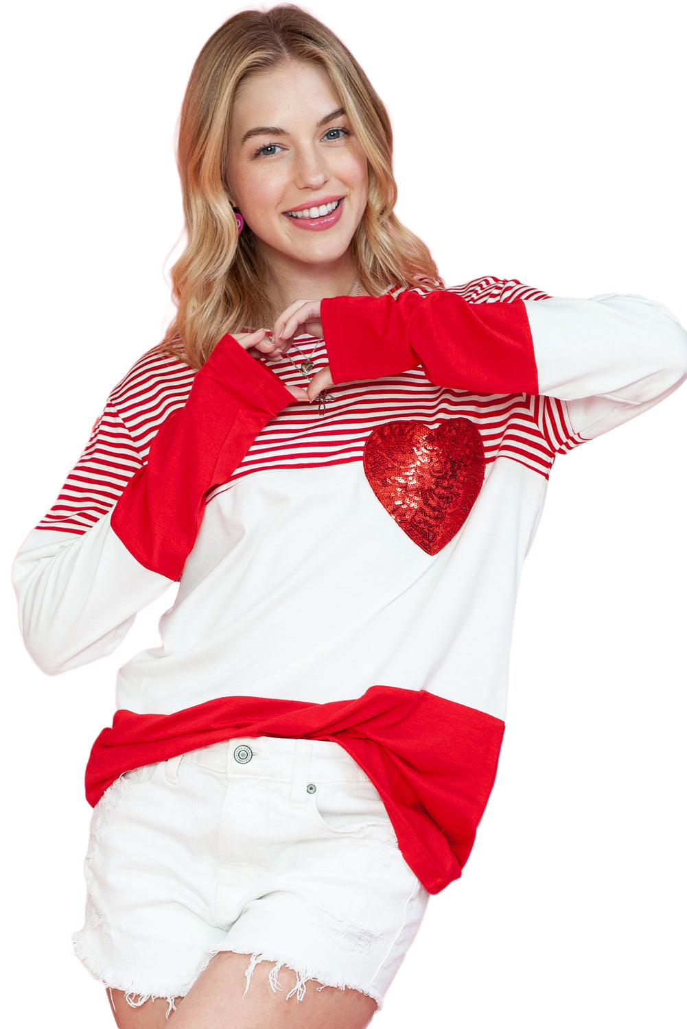 Red Striped Valentines Day Sequin Heart Long Sleeve Top