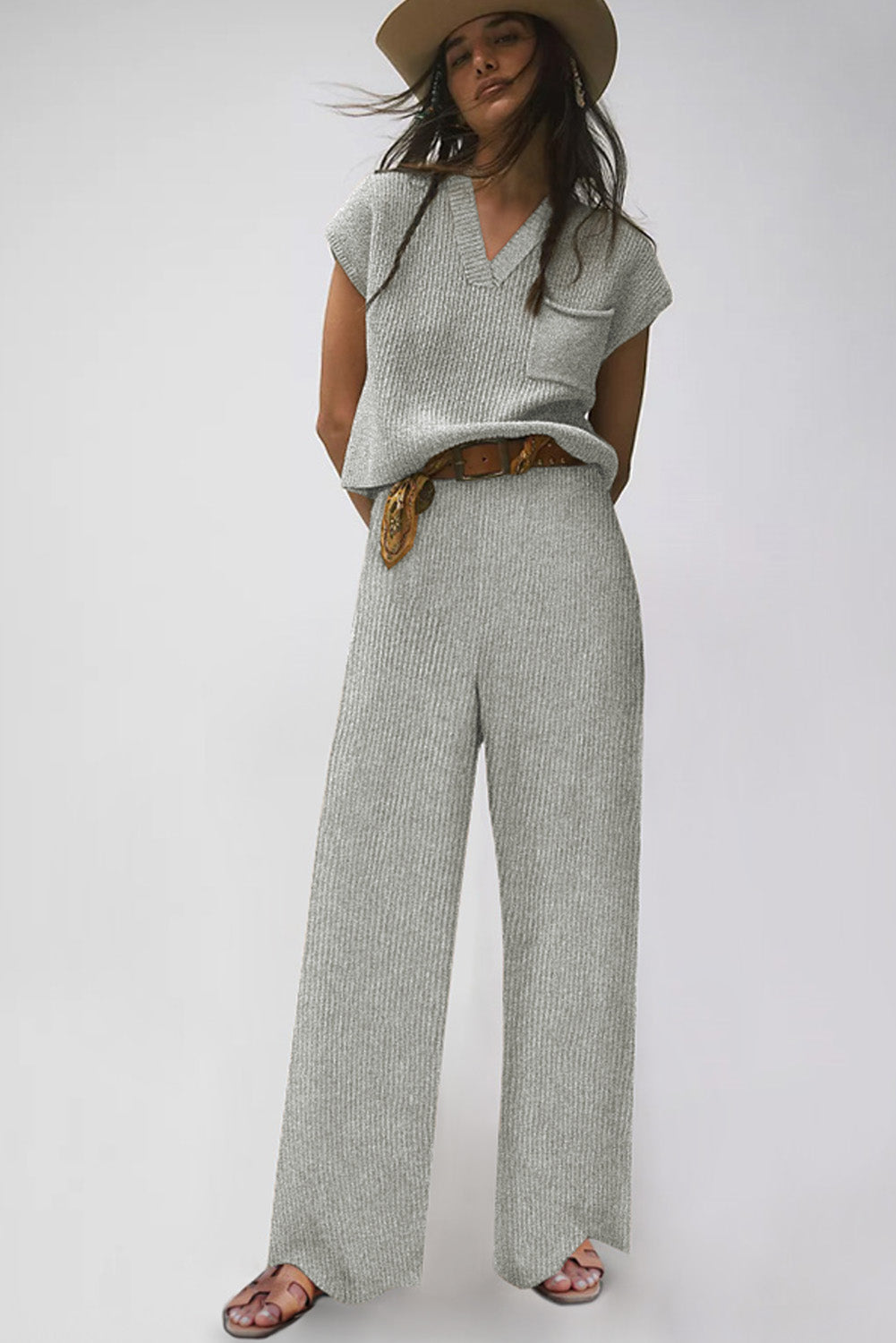 Gray Knitted V Neck and Casual Pants Set