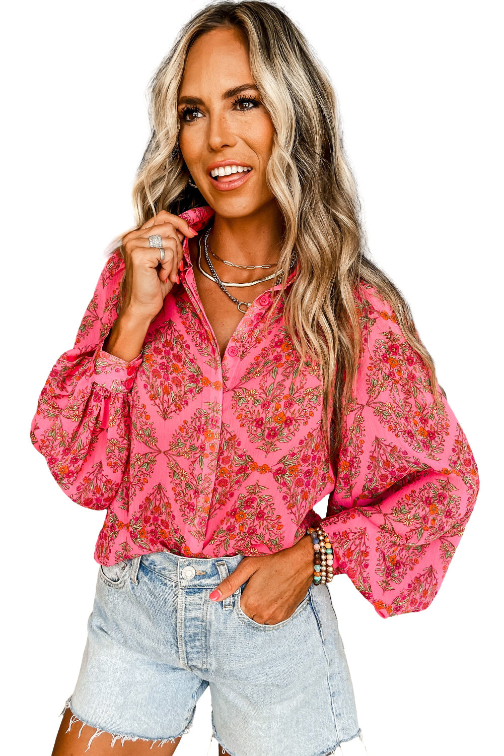 Strawberry Pink Aesthetic Floral Puff Sleeve Shirt