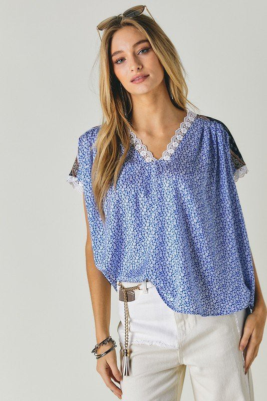 Blue Printed Lace V-Neck Top