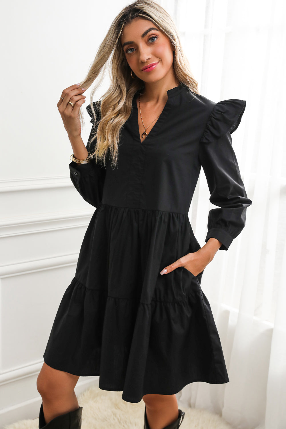 Black V Neck Ruffle Shoulder Tiered Mini Dress