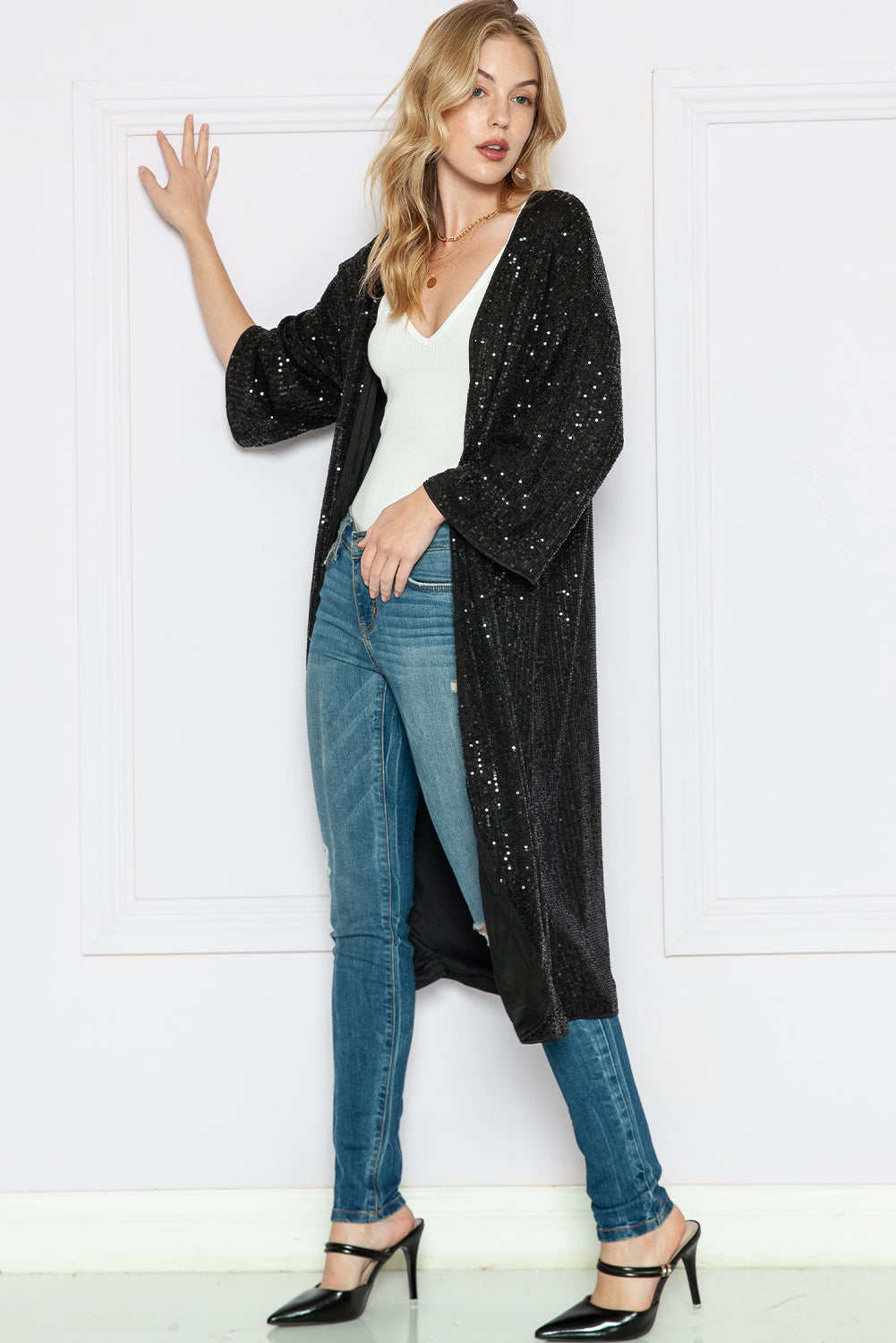 Apricot Sequin 3/4 Sleeve Open Front Duster