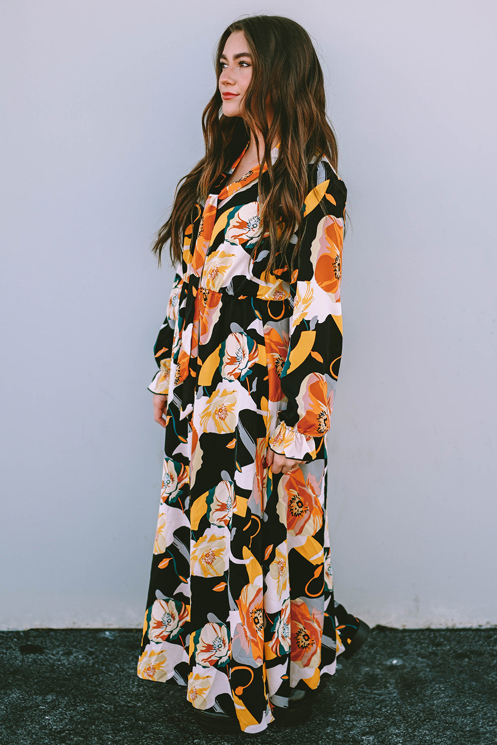 Orange Floral Print Tie Neck Long Sleeve Maxi Dress