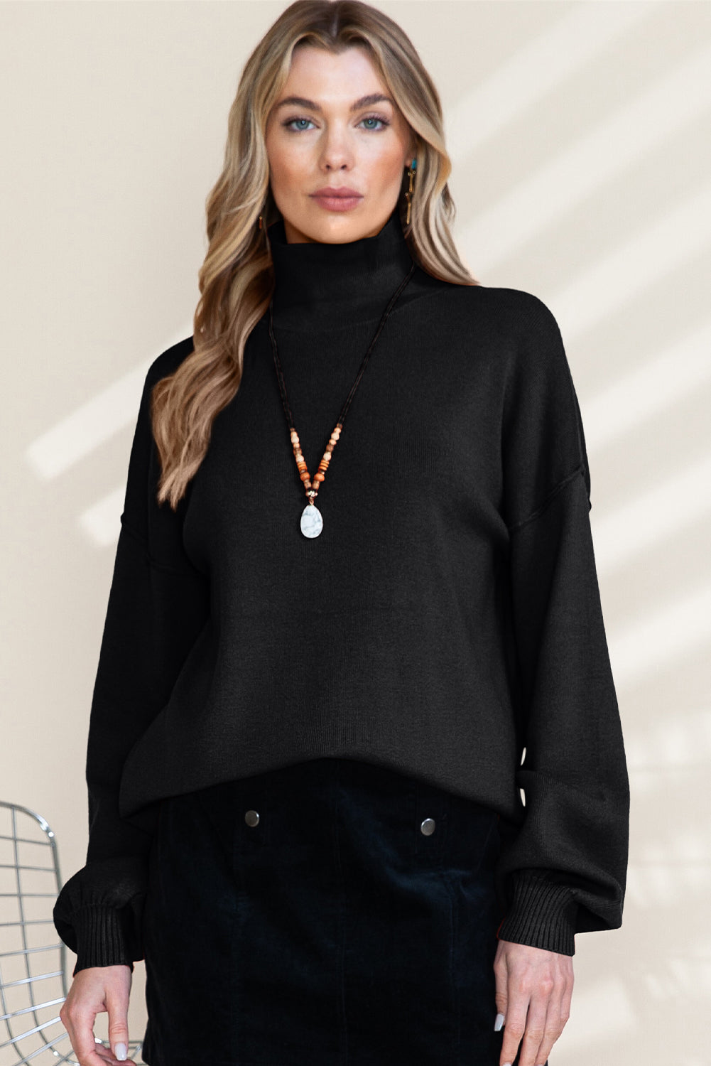 Work It Girl Black Turtleneck Bubble Sleeve Sweater