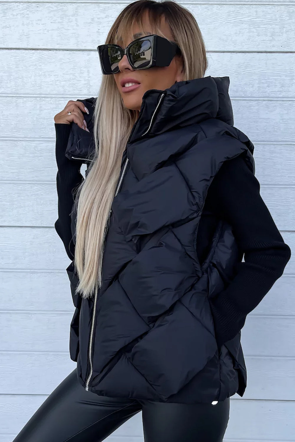 Black Quilted Zipper Front Hooded Vest