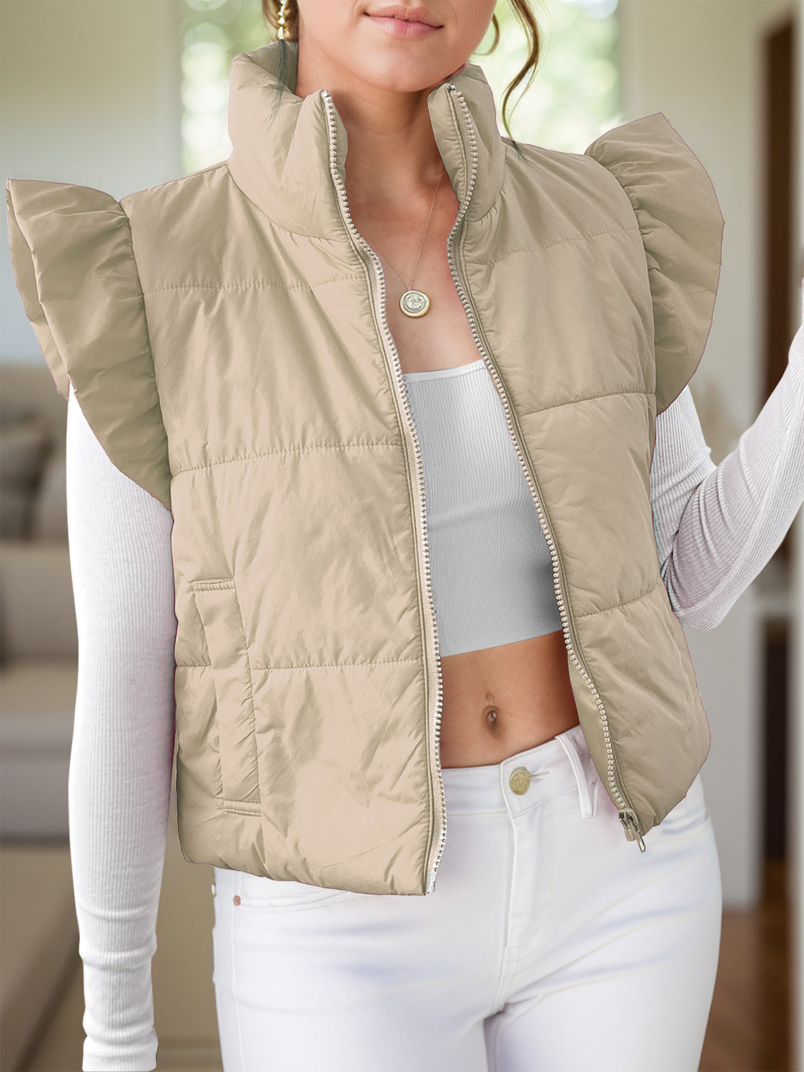 Pocketed Zip Up Cap Sleeve Vest