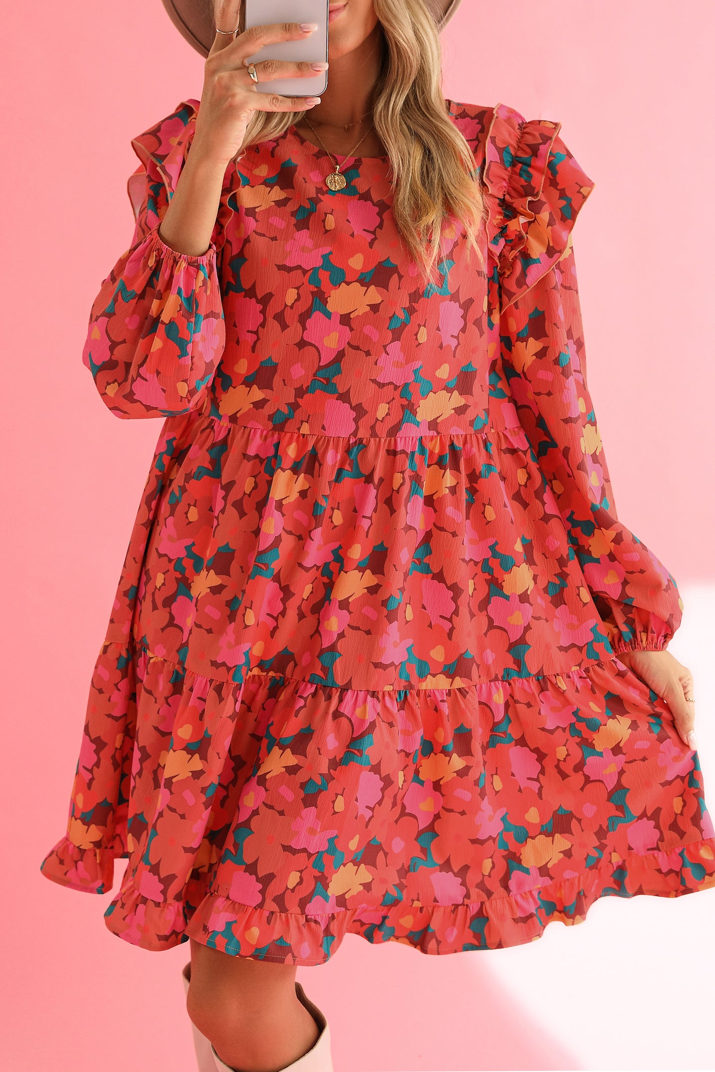 Rose Red Boho Floral Print Ruffle Tiered Mini Dress