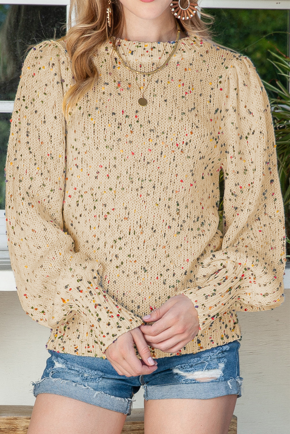 Flaxen Dot Print Long Sleeve Knitted Sweater