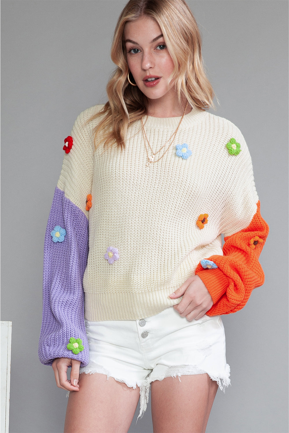 Multicolor Patchwork Floral Applique Knitted Sweater