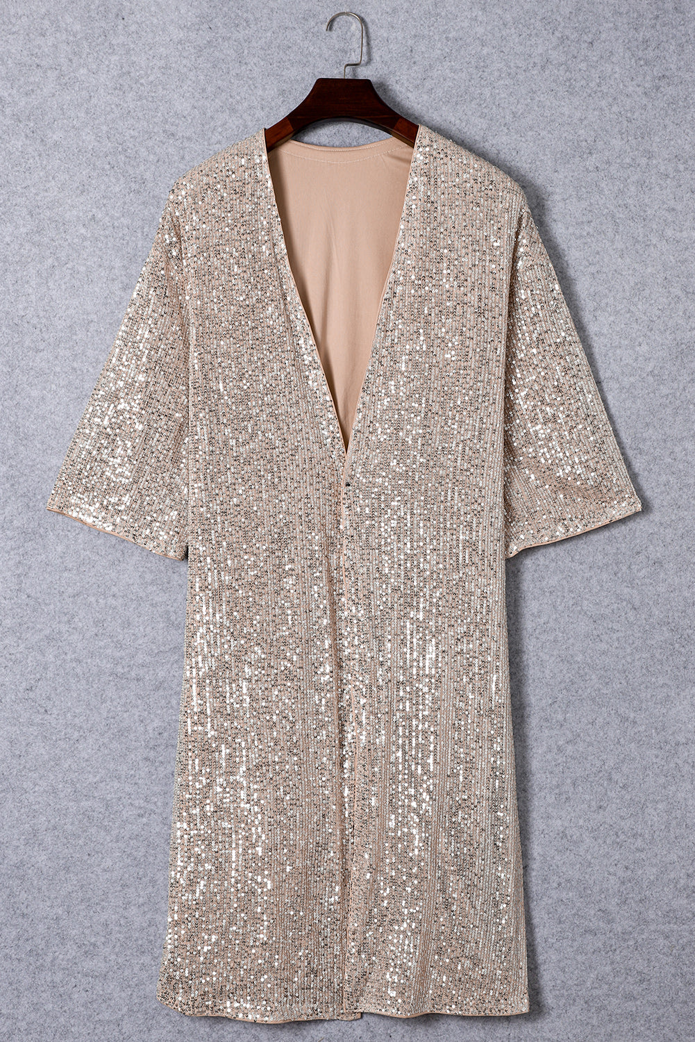 Apricot Sequin 3/4 Sleeve Open Front Duster