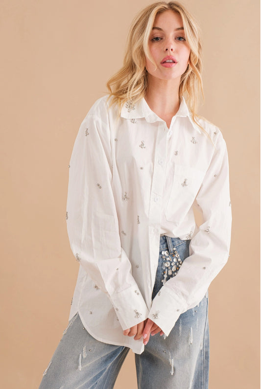 Cotton Poplin Jewel Stud Embellished Shirt Blouse