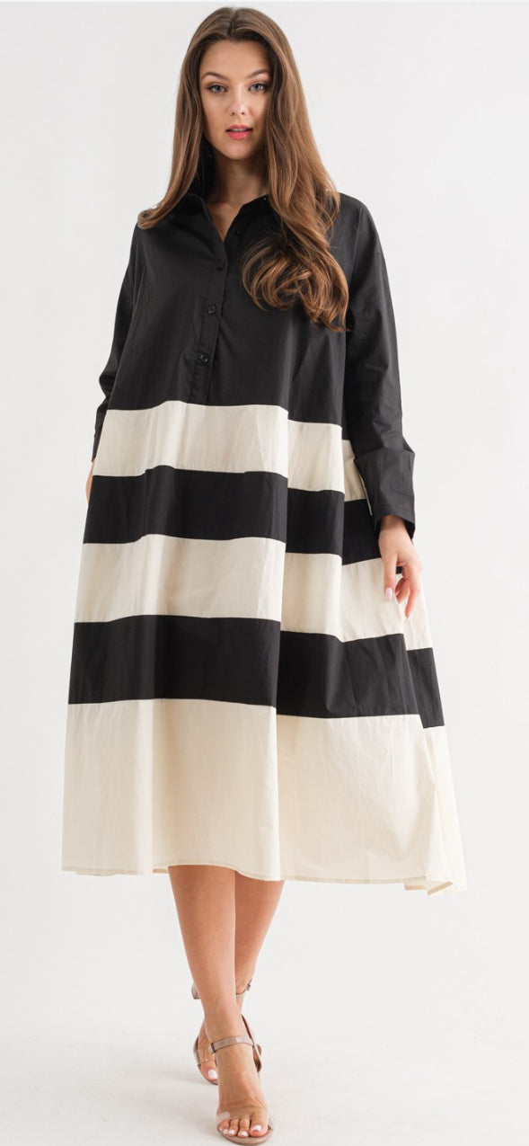 Poplin Block Stripe Long Sleeve Midi Shirt Dress