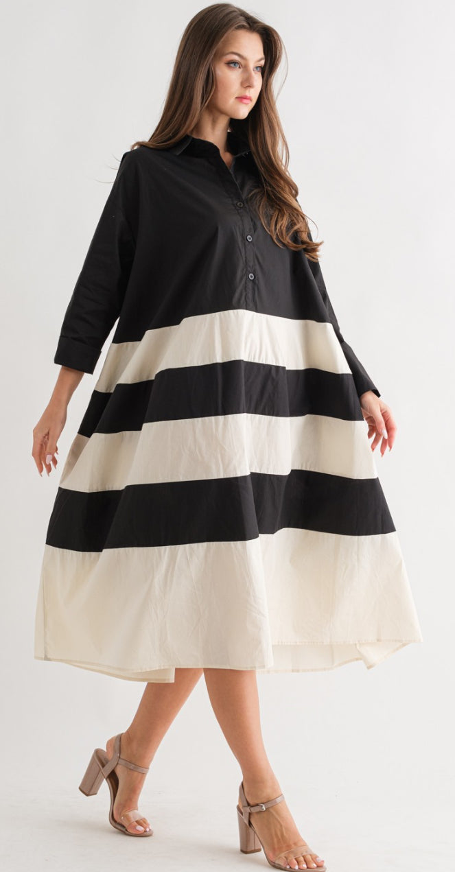 Poplin Block Stripe Long Sleeve Midi Shirt Dress