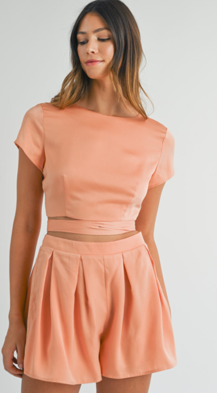 SATIN WRAP TIE DETAIL CROP TOP AND SHORTS SET