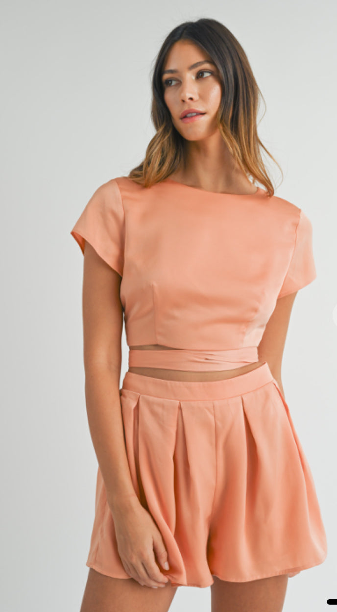 SATIN WRAP TIE DETAIL CROP TOP AND SHORTS SET