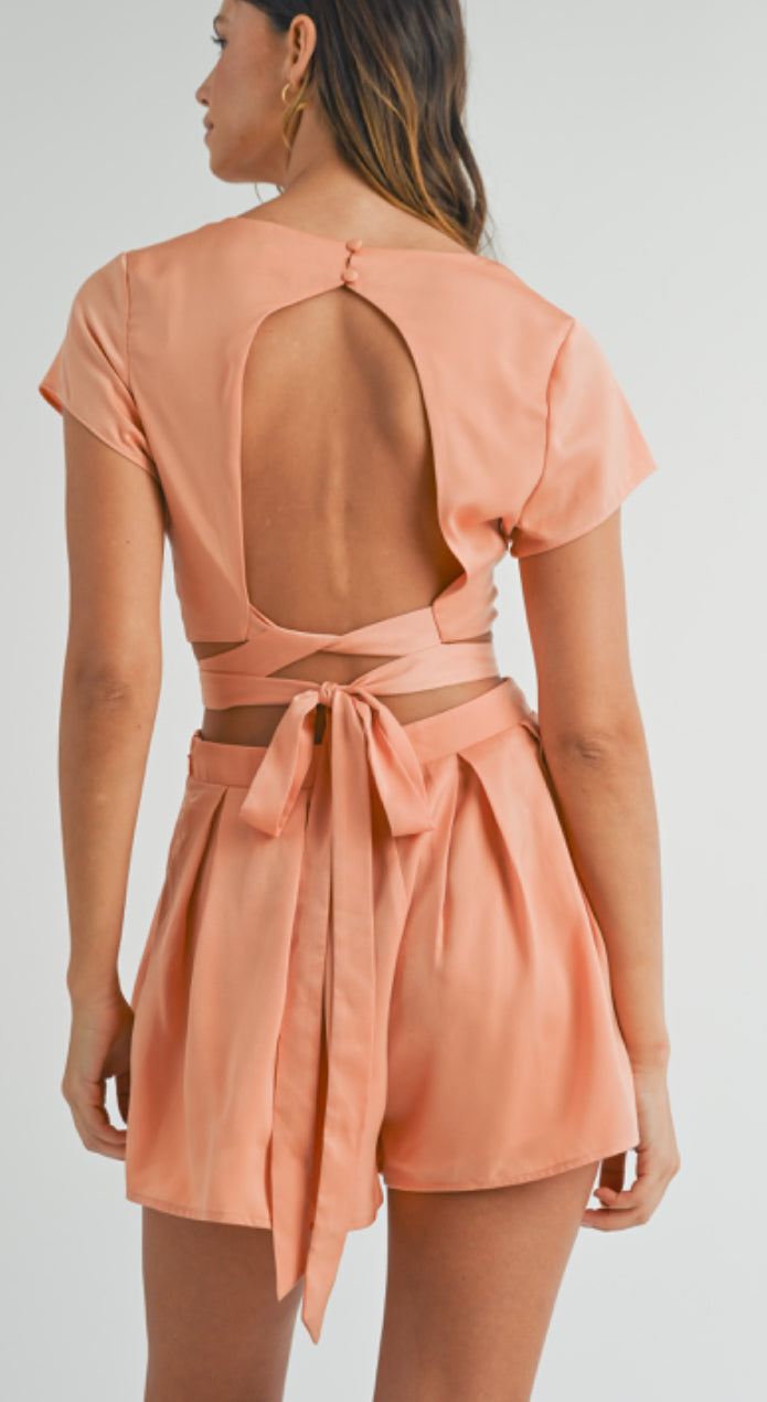 SATIN WRAP TIE DETAIL CROP TOP AND SHORTS SET