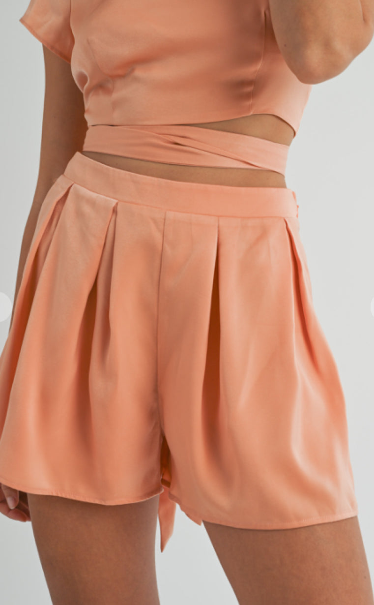 SATIN WRAP TIE DETAIL CROP TOP AND SHORTS SET