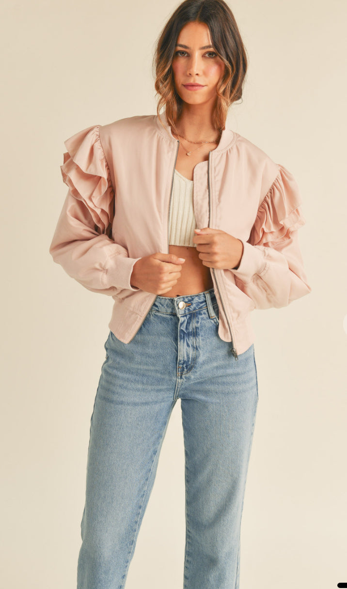 RUFFLED SLEEVE BOMBER JACKET