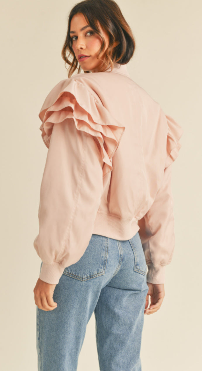 RUFFLED SLEEVE BOMBER JACKET