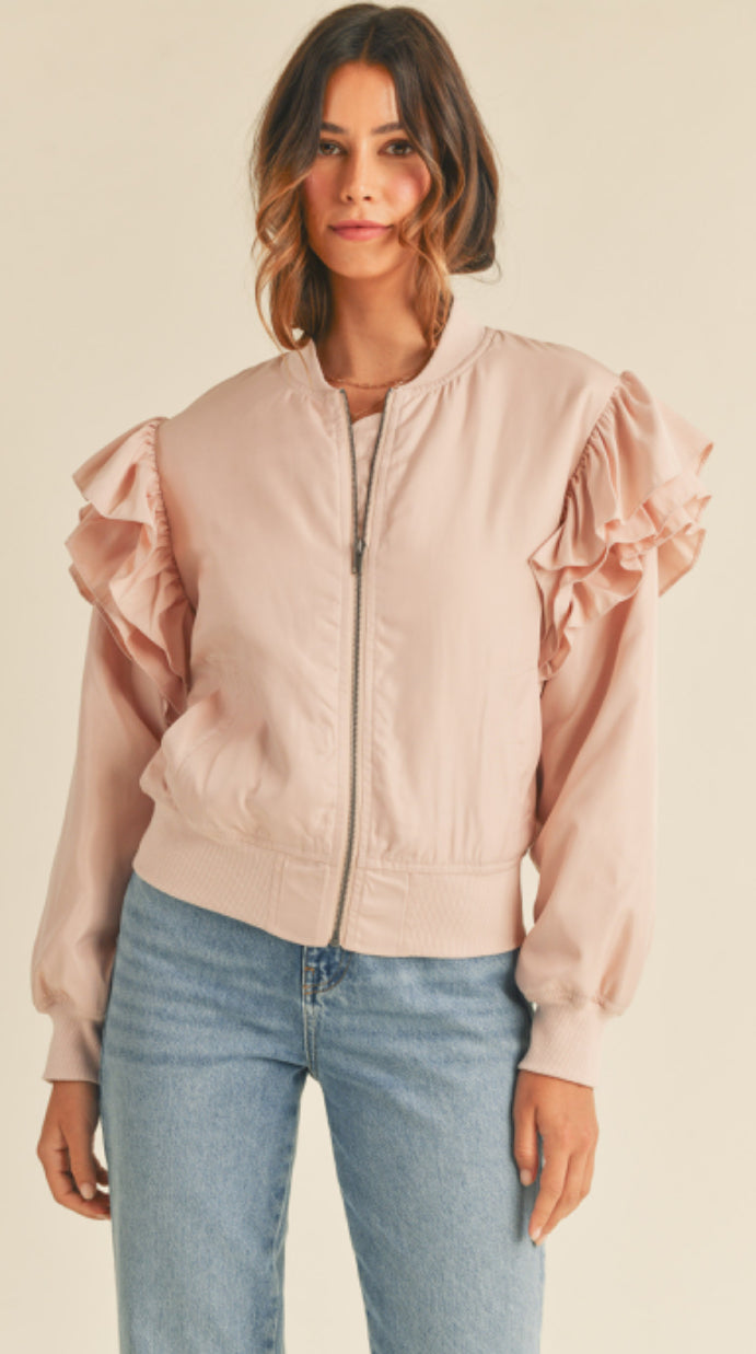 RUFFLED SLEEVE BOMBER JACKET