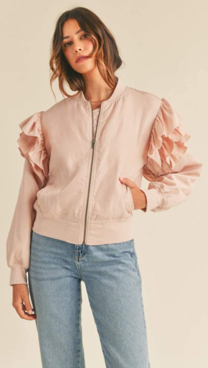 RUFFLED SLEEVE BOMBER JACKET