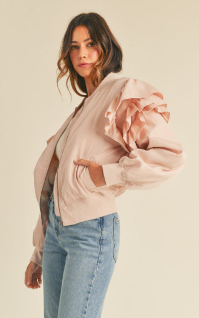 RUFFLED SLEEVE BOMBER JACKET